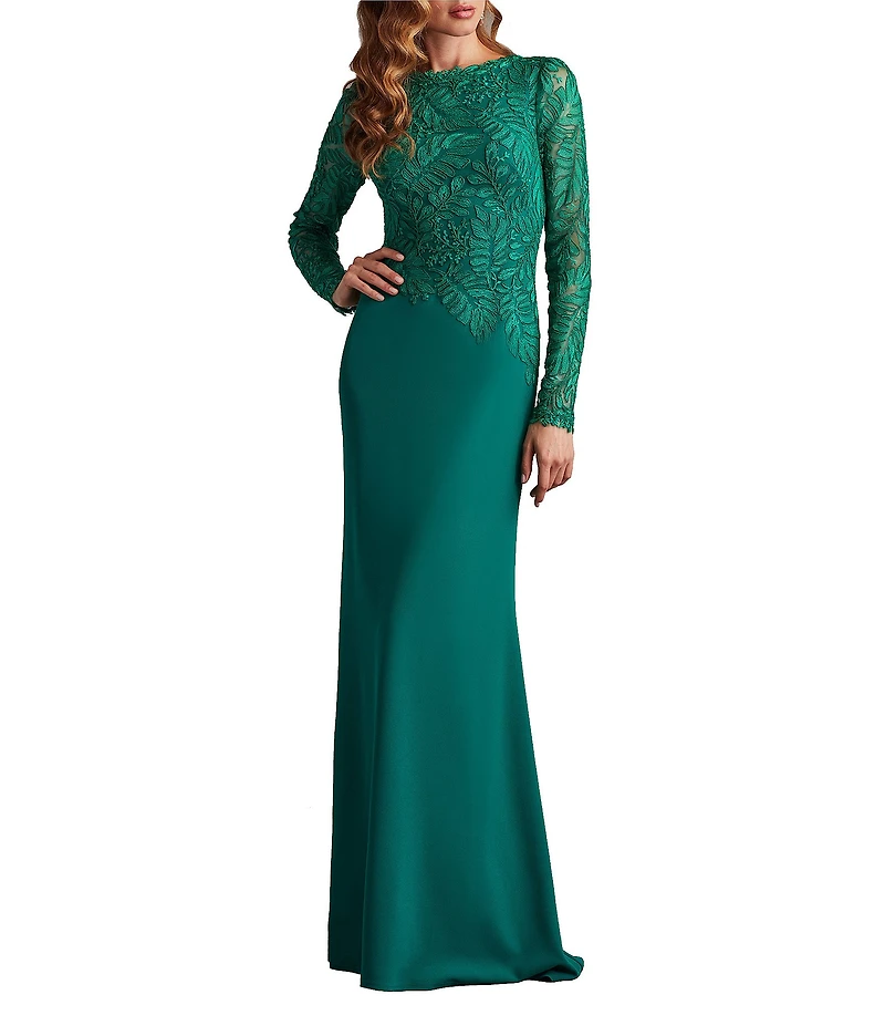 Tadashi Shoji Round Neck Illusion Long Sleeve Asymmetrical Leaf Embroidered Crepe Sheath Gown