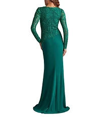 Tadashi Shoji Round Neck Illusion Long Sleeve Asymmetrical Leaf Embroidered Crepe Sheath Gown