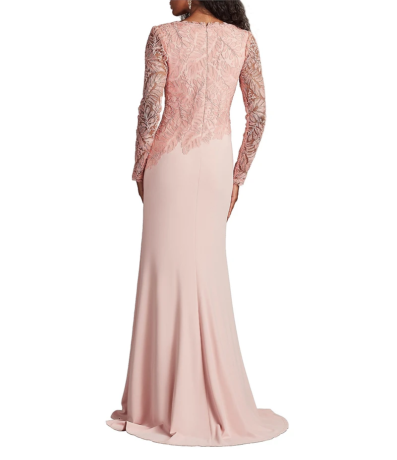 Tadashi Shoji Round Neck Illusion Long Sleeve Asymmetrical Leaf Embroidered Crepe Sheath Gown