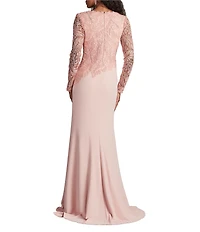 Tadashi Shoji Round Neck Illusion Long Sleeve Asymmetrical Leaf Embroidered Crepe Sheath Gown