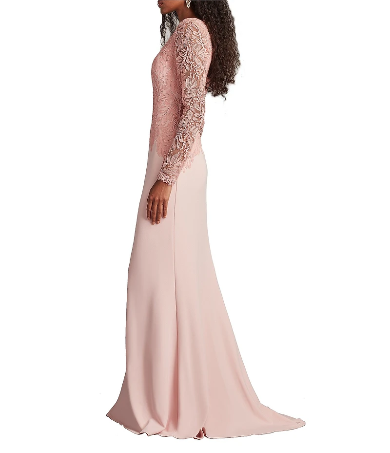Tadashi Shoji Round Neck Illusion Long Sleeve Asymmetrical Leaf Embroidered Crepe Sheath Gown