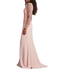 Tadashi Shoji Round Neck Illusion Long Sleeve Asymmetrical Leaf Embroidered Crepe Sheath Gown