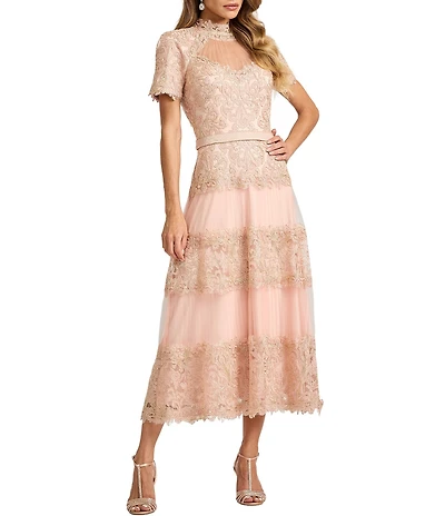 Tadashi Shoji Short Sleeve Corded Lace Tiered Midi Dress