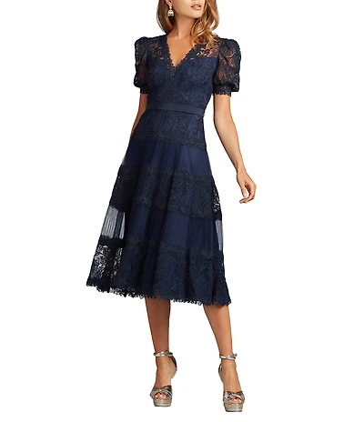 Tadashi Shoji Short Sleeve Lace Midi Dress