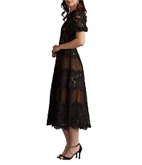 Tadashi Shoji Short Sleeve Lace Tier A-Line Midi Dress