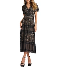 Tadashi Shoji Short Sleeve V Neck Embroidered Lace Midi Dress