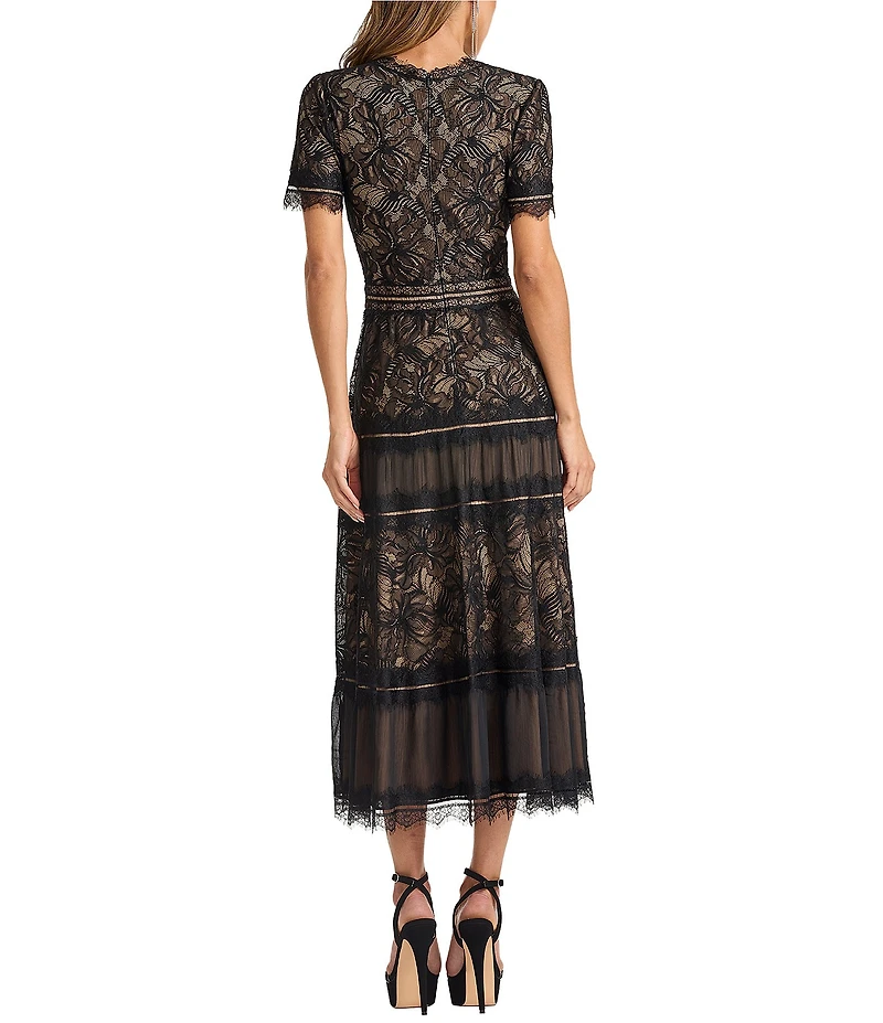 Tadashi Shoji Short Sleeve V Neck Embroidered Lace Midi Dress