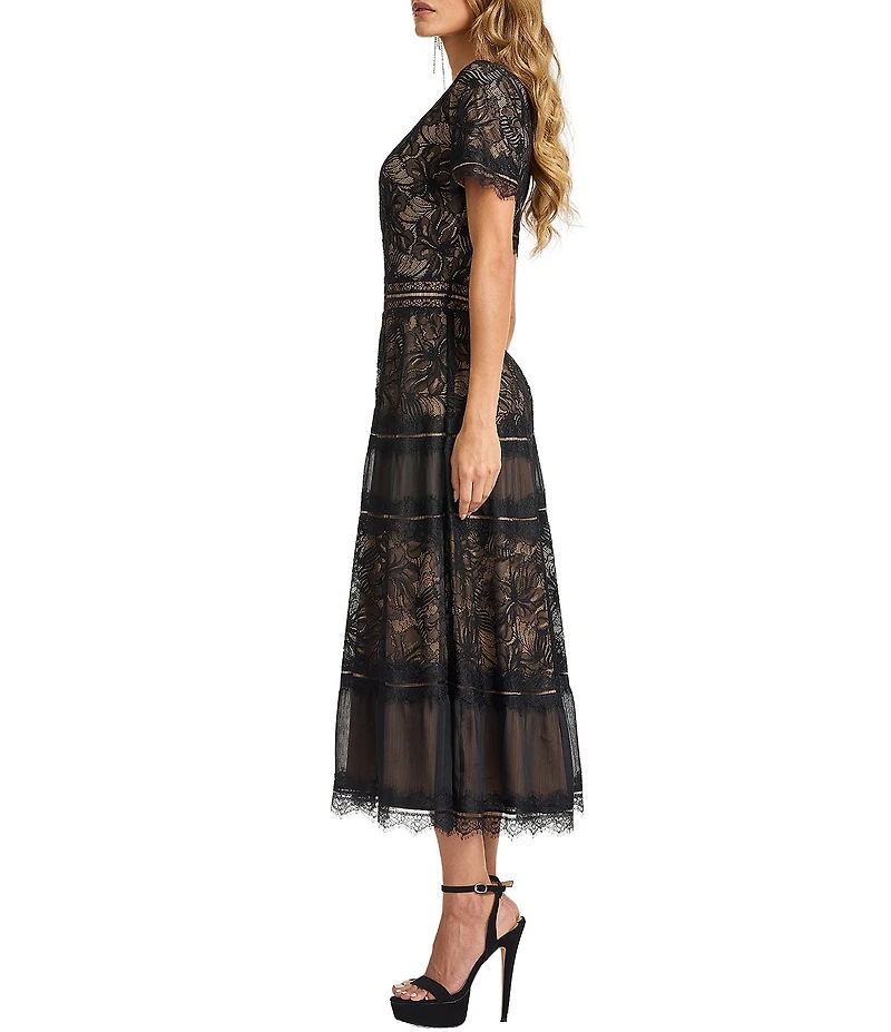 Tadashi Shoji Short Sleeve V Neck Embroidered Lace Midi Dress