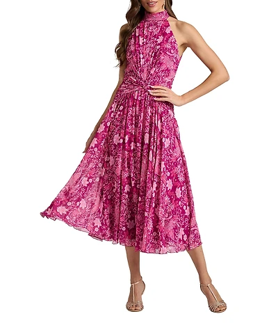 Tadashi Shoji Sleeveless Halter Printed Pleated Midi Dress