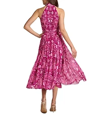 Tadashi Shoji Sleeveless Halter Printed Pleated Midi Dress