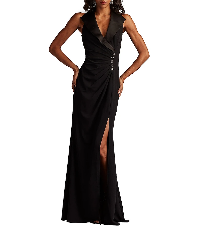 Tadashi Shoji Sleeveless Tuxedo Crepe Gown
