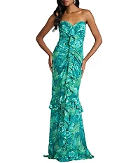 Tadashi Shoji Strapless Floral Printed Chiffon Sweetheart Sheath Gown