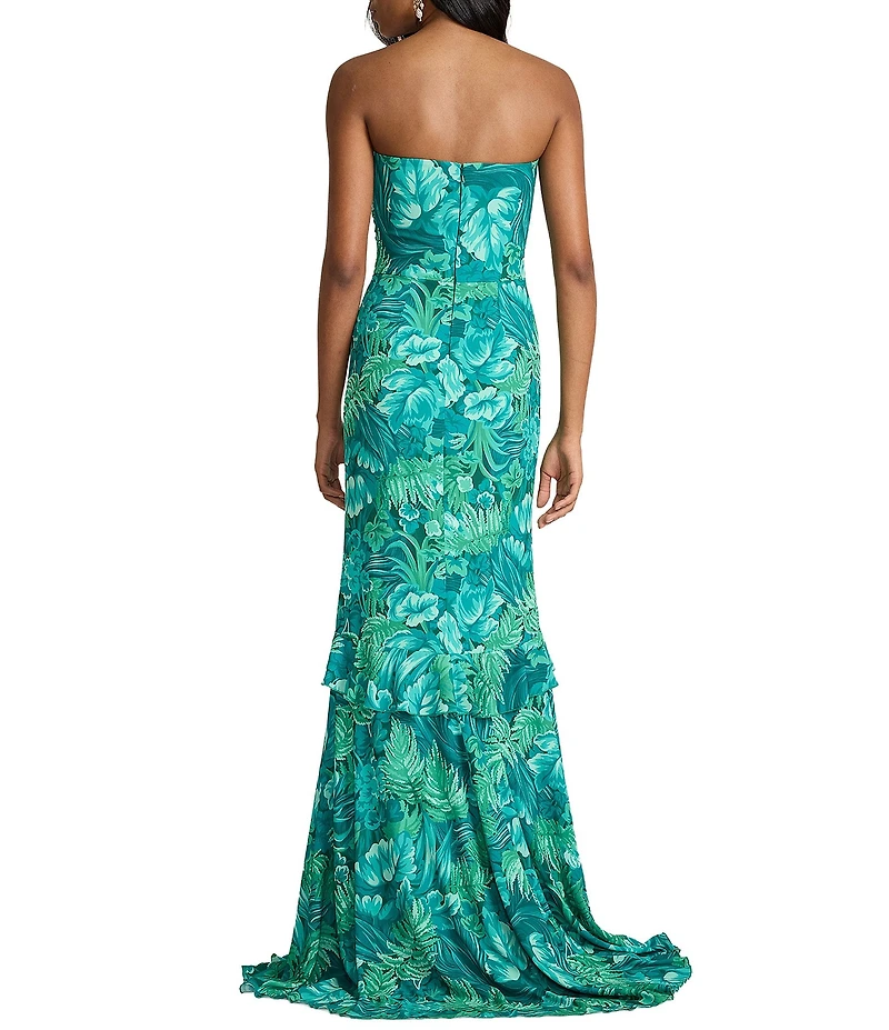 Tadashi Shoji Strapless Floral Printed Chiffon Sweetheart Sheath Gown