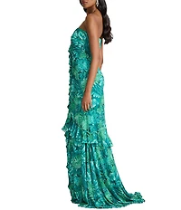 Tadashi Shoji Strapless Floral Printed Chiffon Sweetheart Sheath Gown
