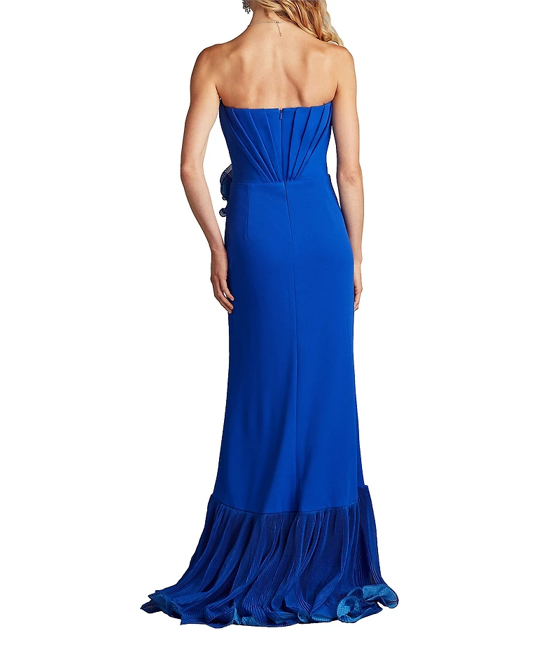 Tadashi Shoji Strapless Pleated Bodice Cascading Ruffle Crepe Sheath Gown