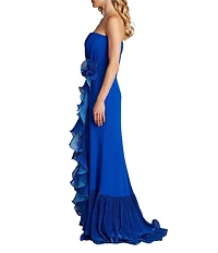 Tadashi Shoji Strapless Pleated Bodice Cascading Ruffle Crepe Sheath Gown