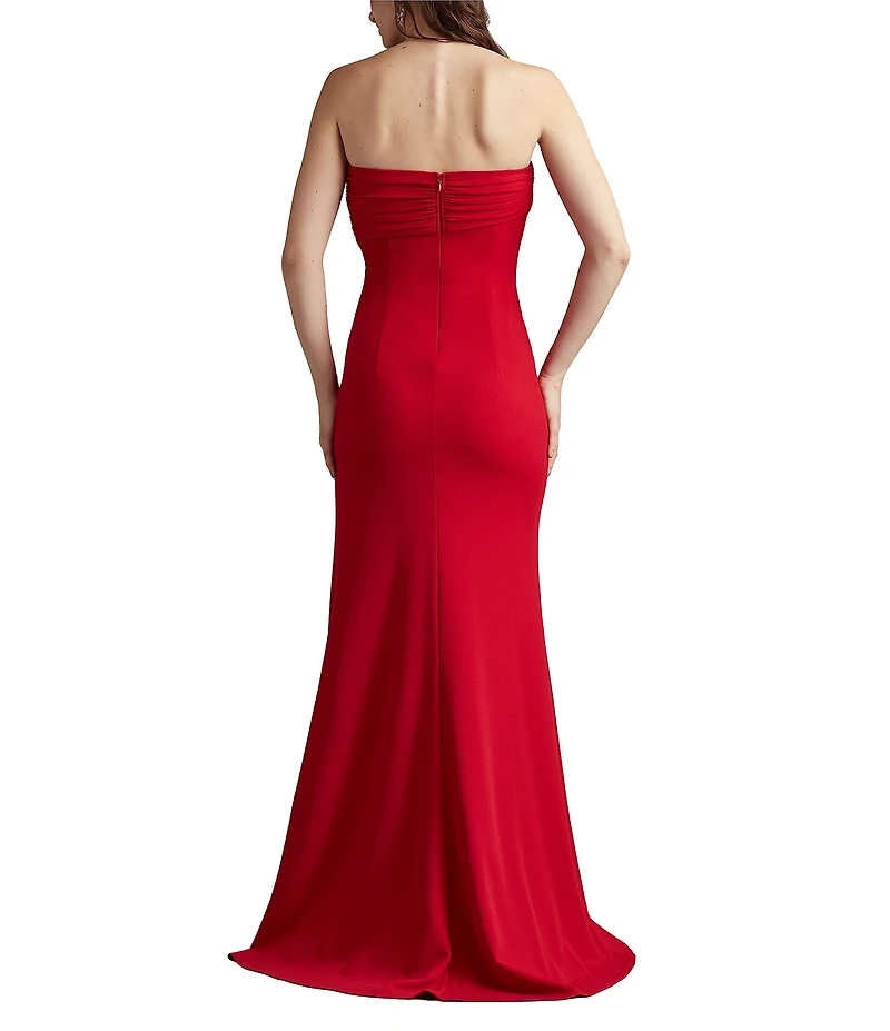 Tadashi Shoji Strapless Pleated Crepe Front Slit Gown