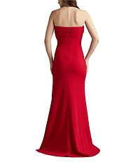 Tadashi Shoji Strapless Pleated Crepe Front Slit Gown