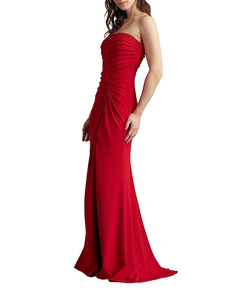 Tadashi Shoji Strapless Pleated Crepe Front Slit Gown