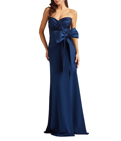 Tadashi Shoji Strapless Taffeta Faux Wrap Crepe Bow Gown