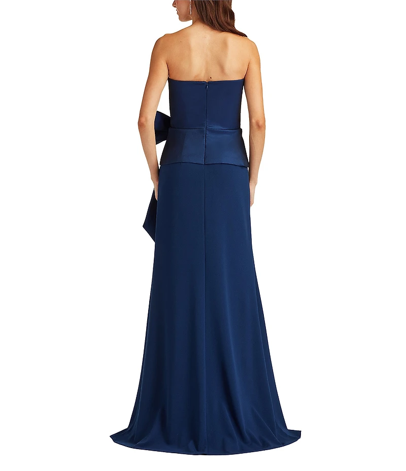 Tadashi Shoji Strapless Taffeta Faux Wrap Crepe Bow Gown