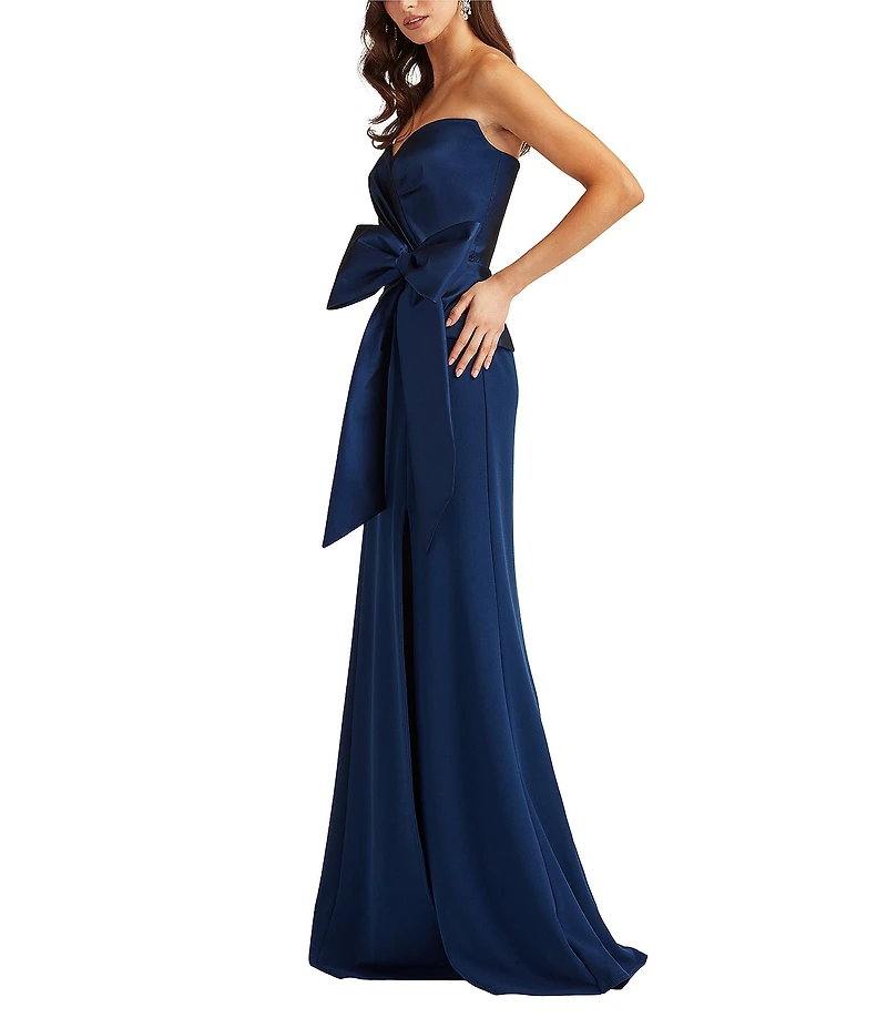 Tadashi Shoji Strapless Taffeta Faux Wrap Crepe Bow Gown