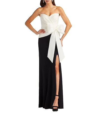 Tadashi Shoji Strapless Taffeta Faux Wrap Crepe Bow Gown