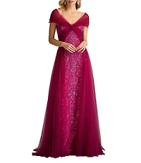 Tadashi Shoji Taffeta Sequin Print V-Neck Cap Sleeve Gown