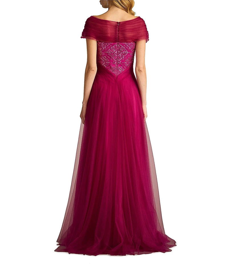Tadashi Shoji Taffeta Sequin Print V-Neck Cap Sleeve Gown