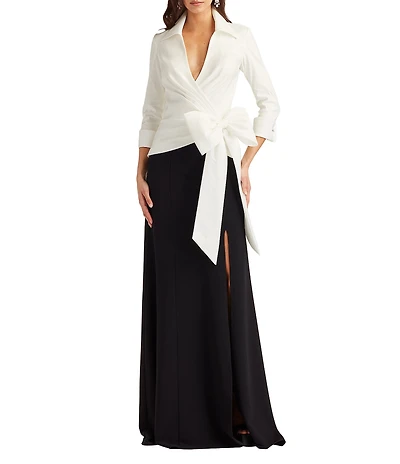 Tadashi Shoji Taffeta Textured Crepe Long Sleeve Mock Wrap Front Bow A Line Gown
