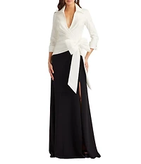 Tadashi Shoji Taffeta Textured Crepe Long Sleeve Mock Wrap Front Bow A Line Gown