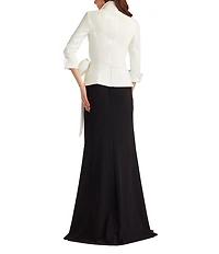 Tadashi Shoji Taffeta Textured Crepe Long Sleeve Mock Wrap Front Bow A Line Gown