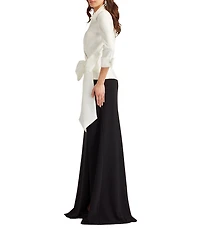 Tadashi Shoji Taffeta Textured Crepe Long Sleeve Mock Wrap Front Bow A Line Gown