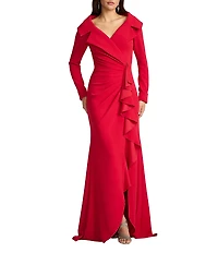 Tadashi Shoji Textured Crepe Long Sleeve Portrait Collar Long Sheath Gown