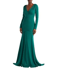 Tadashi Shoji Textured Crepe Long Sleeve V-Neck Pleated Mermaid Gown