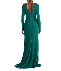 Tadashi Shoji Textured Crepe Long Sleeve V-Neck Pleated Mermaid Gown