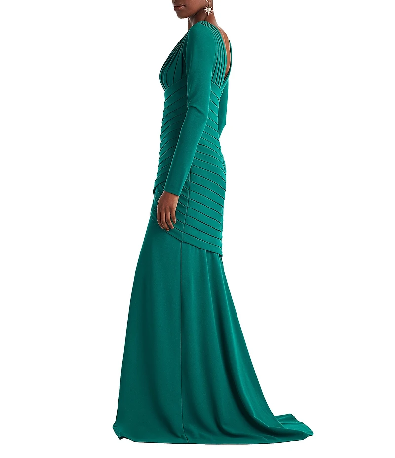 Tadashi Shoji Textured Crepe Long Sleeve V-Neck Pleated Mermaid Gown