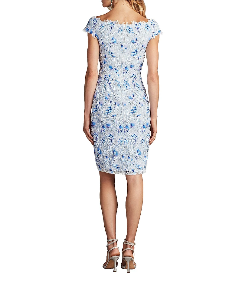 Tadashi Shoji V-Neck Cap Sleeve 3D Floral Embroidered Lace Sheath Dress