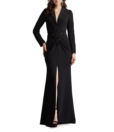 Tadashi Shoji V-Neck Long Sleeve Crepe Gown With Floral Applique