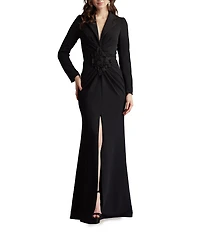 Tadashi Shoji V-Neck Long Sleeve Crepe Gown With Floral Applique
