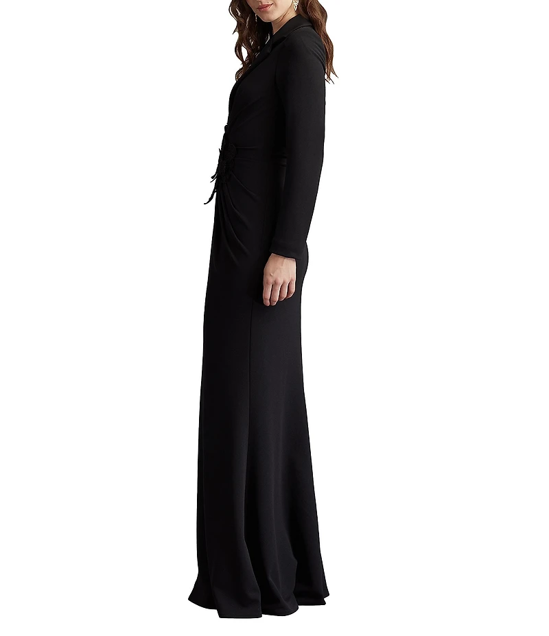 Tadashi Shoji V-Neck Long Sleeve Crepe Gown With Floral Applique