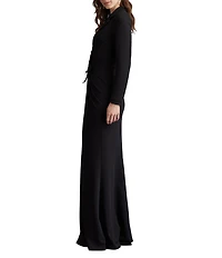 Tadashi Shoji V-Neck Long Sleeve Crepe Gown With Floral Applique