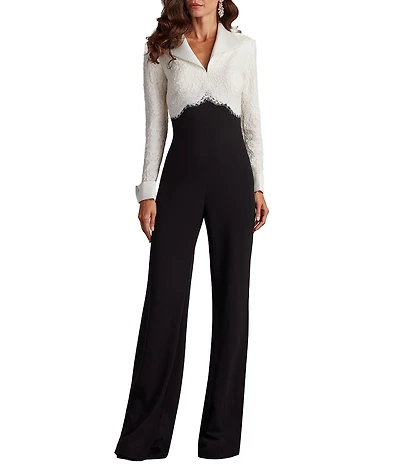 Tadashi Shoji V-Neck Long SLeeve Lace Bodice Crepe Tuxedo Jumpsuit