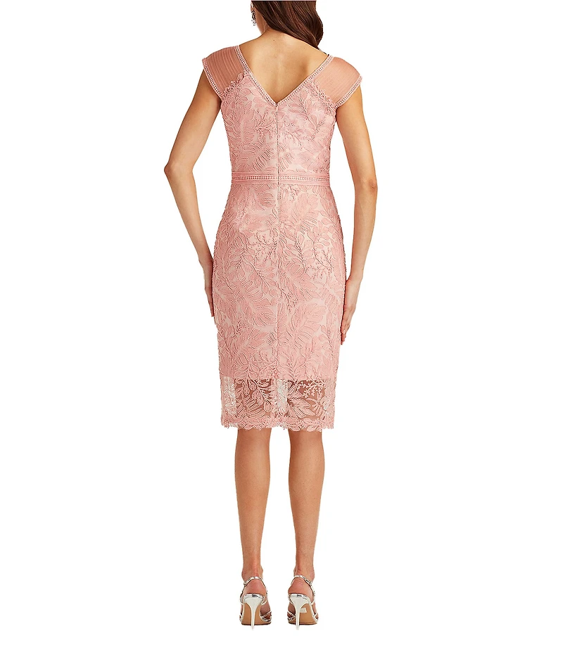 Tadashi Shoji V-Neck Sleeveless Corded Lace Illusion Hem Sheath Dress