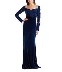 Tadashi Shoji Velvet Embroidered Floral Illusion Long Sleeve Square Neck A-Line Gown