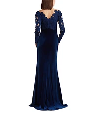 Tadashi Shoji Velvet Embroidered Floral Illusion Long Sleeve Square Neck A-Line Gown