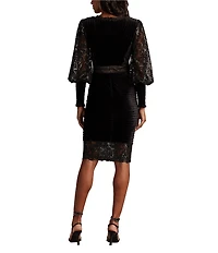 Tadashi Shoji Velvet Long Volume Sleeve V-Neckline Pleated Lace Bodycon Dress