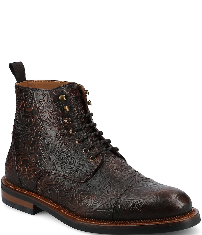 Taft Men's Rome Floral Embossed Genuine Leather Cap Toe Boots