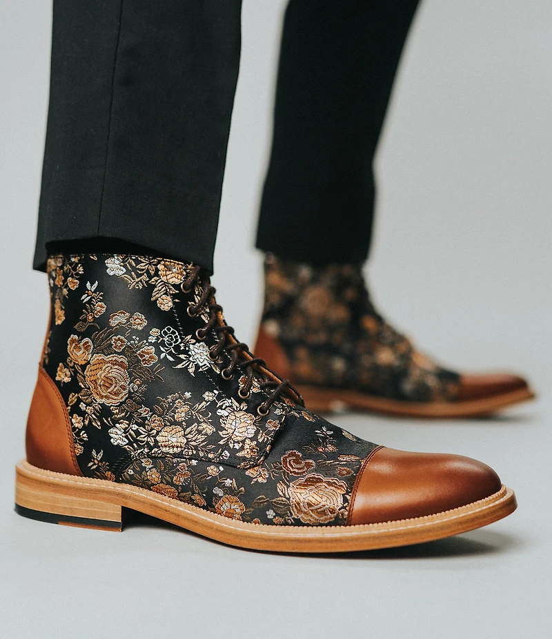 Taft Men's Jack Floral Print Cotton Jacquard Calfskin Cap Toe Dress Boots