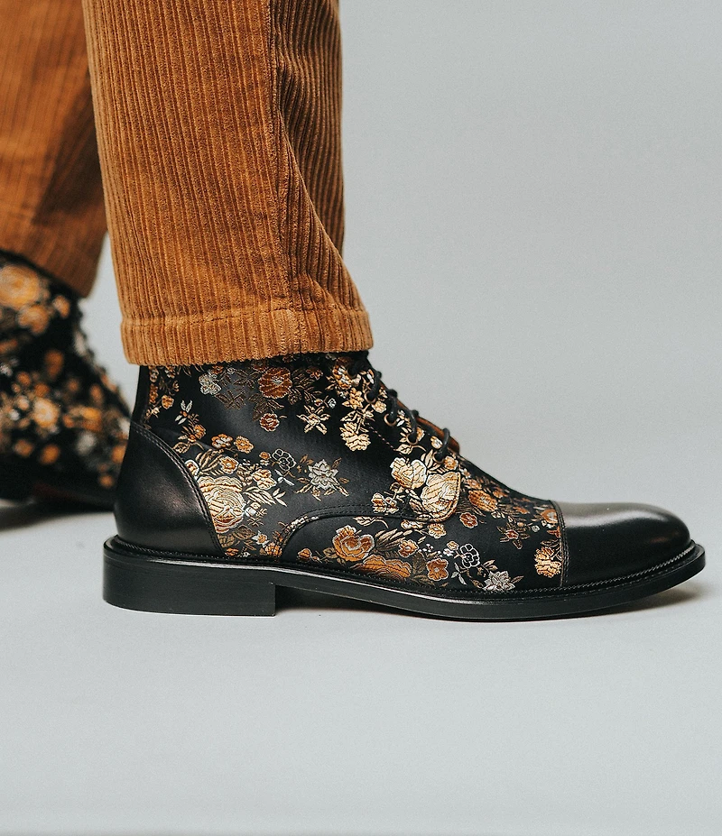 Taft Men's Jack Floral Print Cotton Jacquard Calfskin Cap Toe Dress Boots